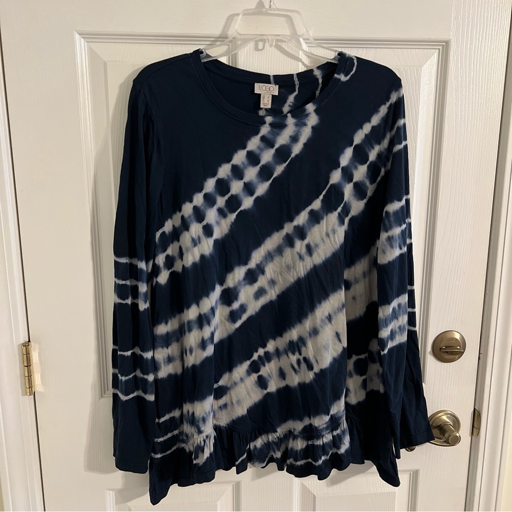 logo by lori goldstein top sz lg blue white tye dye ruffle cotton long sleeve